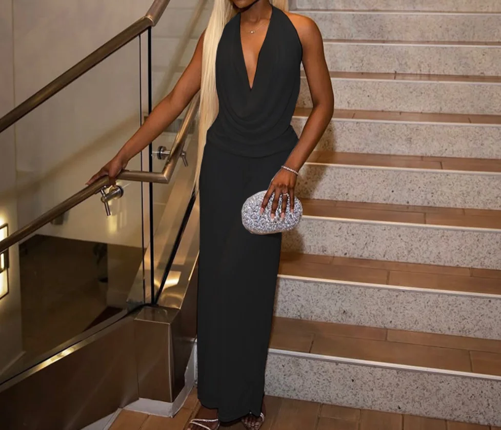 

Two Piece Set Women Outfit 2026 Spring Casual Solid Color Halter Cowl Neck Backless Top & Pleated High Waist Casual Pants Set