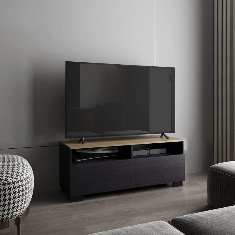 

Minimalist TV Stand with Open Shelves, Compact Media Console for Living Room or Bedroom, Black and Natural Oak Finish