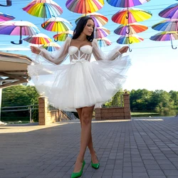 Vestidos De novia cortos con escote Corazón, mangas abullonadas, ilusión De tul, lazo por encima De la rodilla, línea A, Sexy