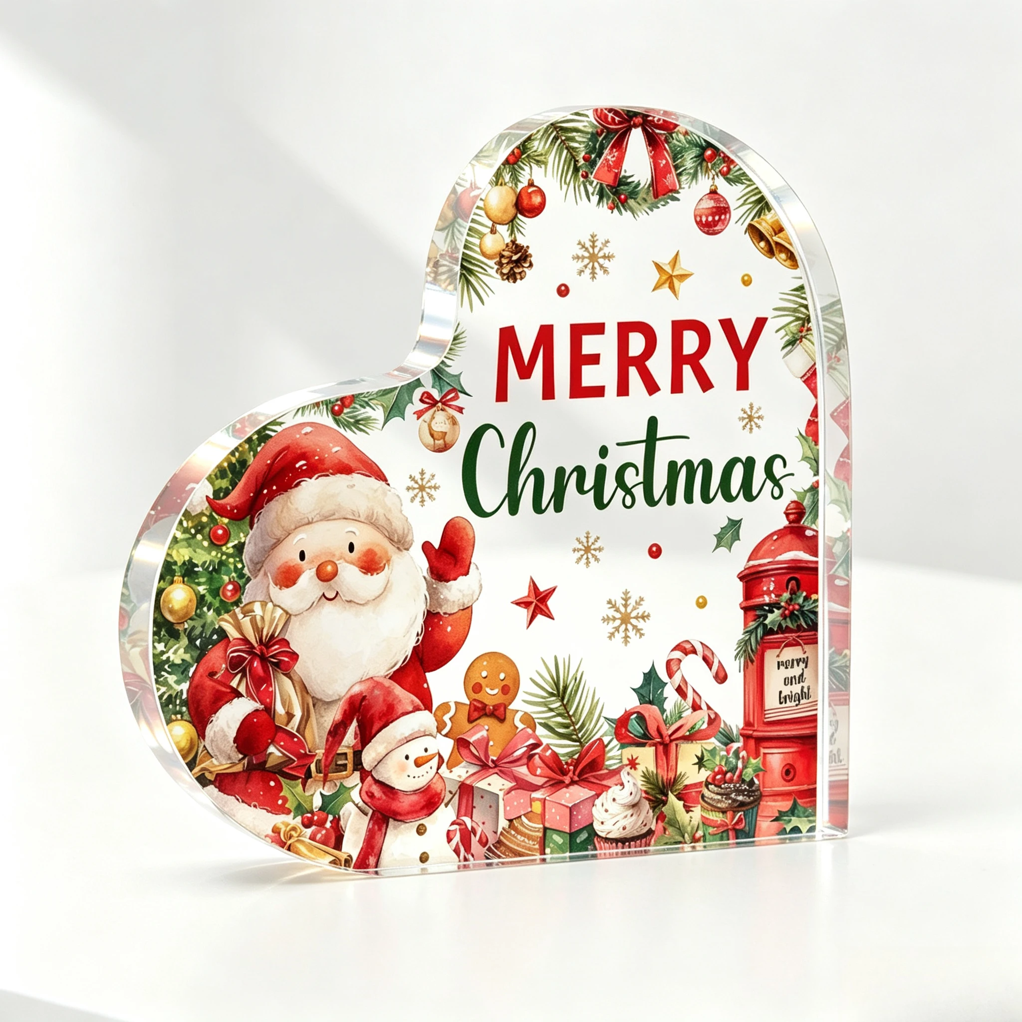Merry Christmas Heart‑Shaped Acrylic Tabletop Plaque, Santa Claus Snowman Gingerbread Man Desk Decor