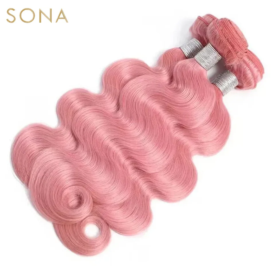 Light Pink Colored Hair Weave Bundles With 4X4  Closure Brazilian Remy Body Wave Pink Hair Extensions Weft For Women 3Pcs/Lot