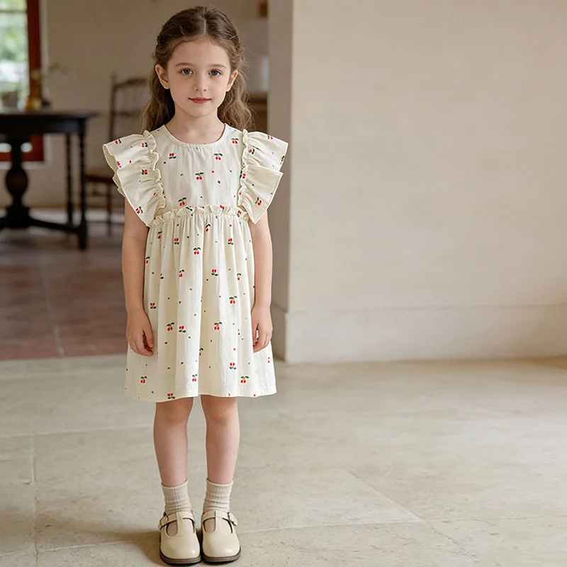 

2026 Summer New Children's Flying Sleeve Round Neck Cute and Fresh Cherry Printed Dress