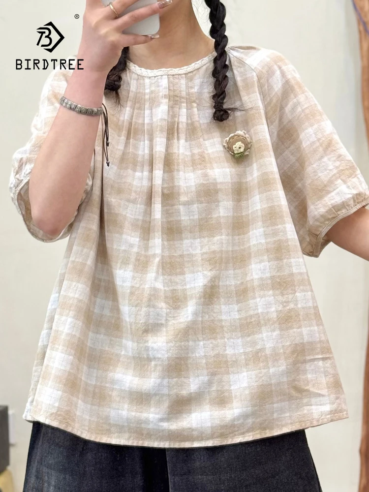 

New 2025 Summer Cotton Short Sleeve Shirt, Women O Neck Plaid Lace Patchwork, Mori Girl French OL Commute Loose Blouse T57117CC
