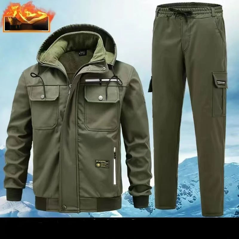 

Plush Fleece Warm Waterproof Men's Sets Thick Hooded Autumn Winter Suit Solid Elastic Workwear Windproof Clothing Sweatpants New