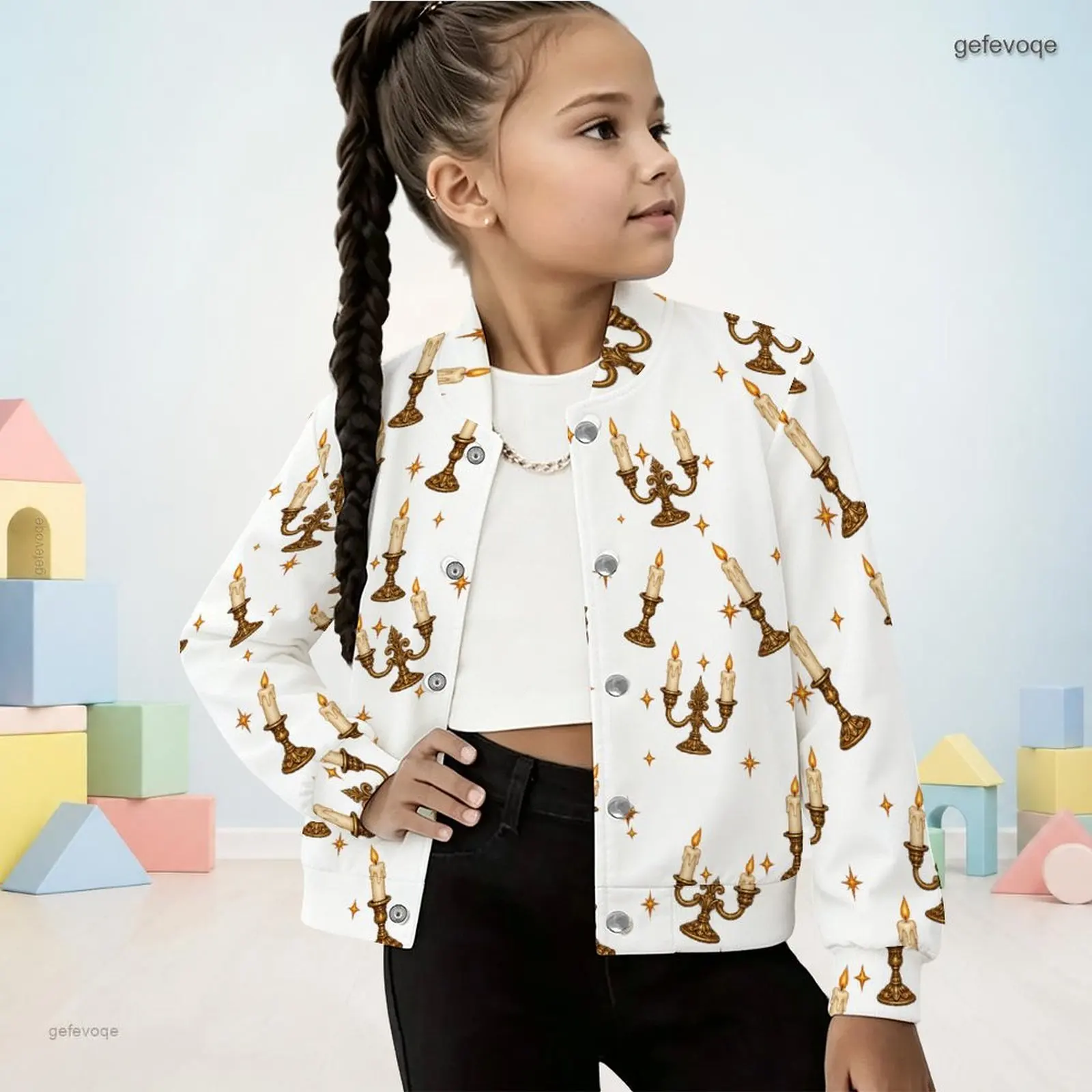 Autumn Graphic Print Girls Button Up Jacket Manin Collar Spooky Kids Clothing Halloween Party Wear