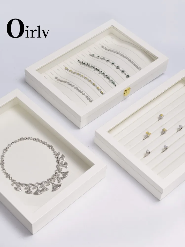 Oirlv Premium Leather Multifunction Jewelry Tray with Transparent Lid Earrings Rings Organizer Box Stackable Jewelry Box Drawer