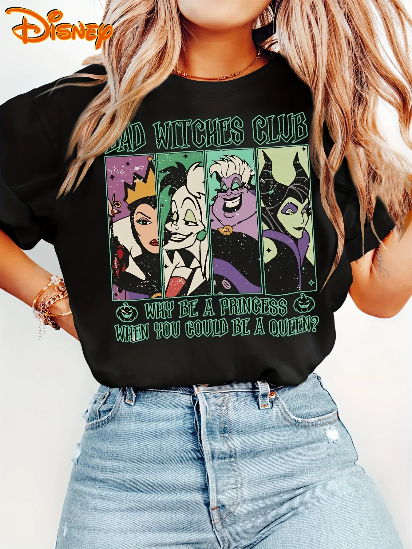 

2025 Disney Pattern Printed Women's Casual Comfortable Unique Smiling Face Black Round Neck Short Sleeve T-shirt