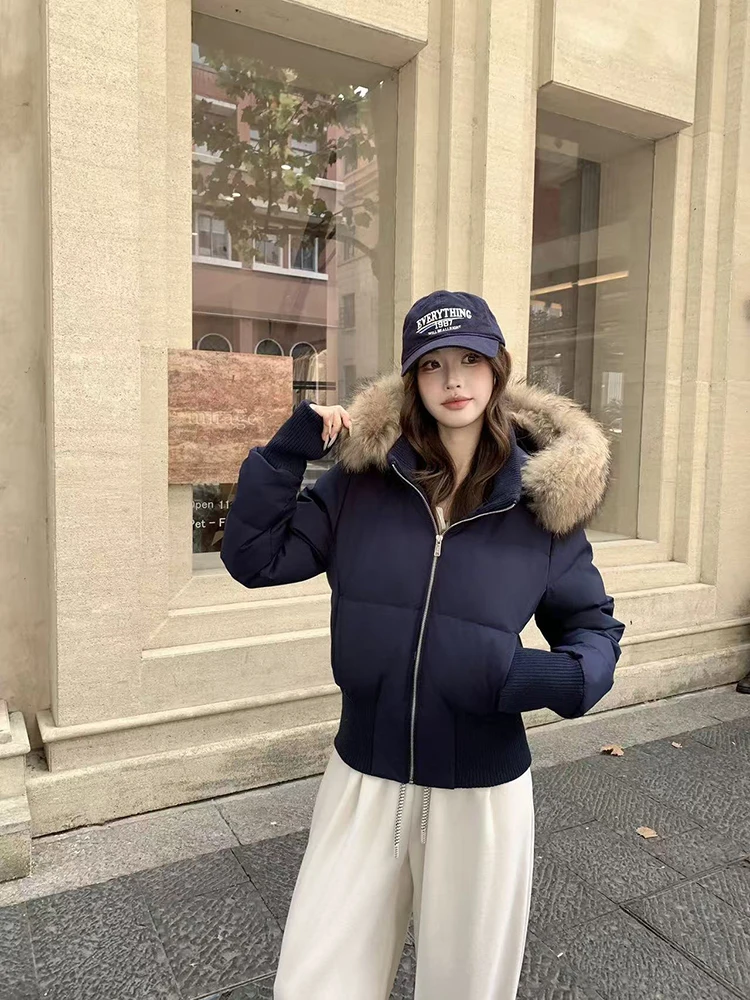 Parka damska z kapturem i kołnierzem z imitacji futra Y2K, zimowa, gruba, dopasowana, krótka kurtka puchowa, modna odzież uliczna, długi rękaw, zapinana na zamek, nowa