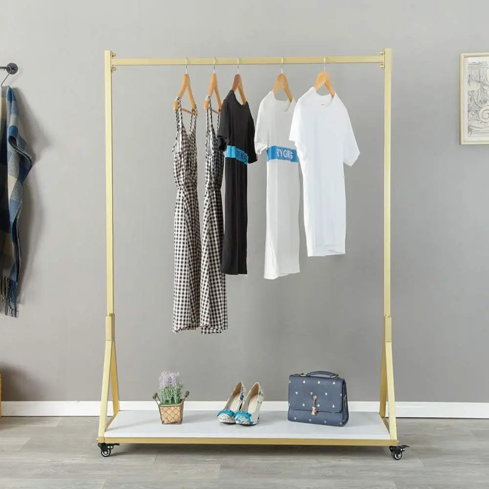 Gold Square Tube 47.2 Inch Wide Modern Metal Rolling Garment Rack with Wooden Accent, Freestanding Single Rod Clothing Display Rack with Wheels, Retail Dress & Apparel Hanging Shelf