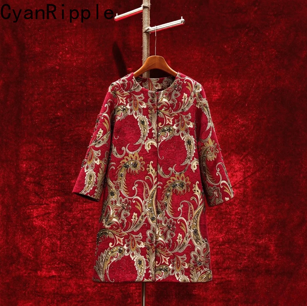 High Quality Autumn Winter Red Jacquard Female Windbreaker Luxury Diamonds Beading Elegant Round Neck Mid-long Women Trench Coat