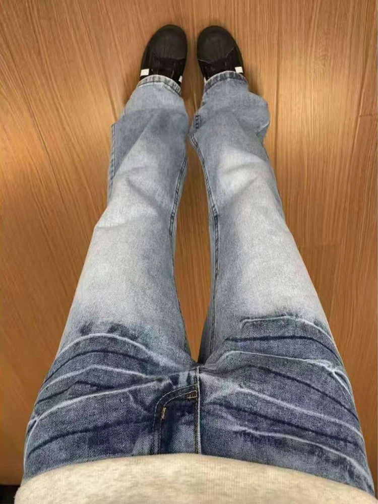 

Мужские зимние джинсы-клеш с синим узором «Молния», американского стиля, с высокой талией, прямые, из денима, Cleanfit, для повседневной носки