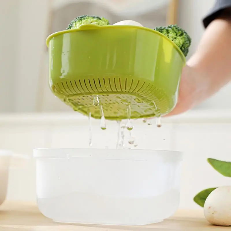 Draining Basket Double-Layer Vegetable Washing Basket with Handle Strainer Basket Food Storage Container Kitchen Strainer for