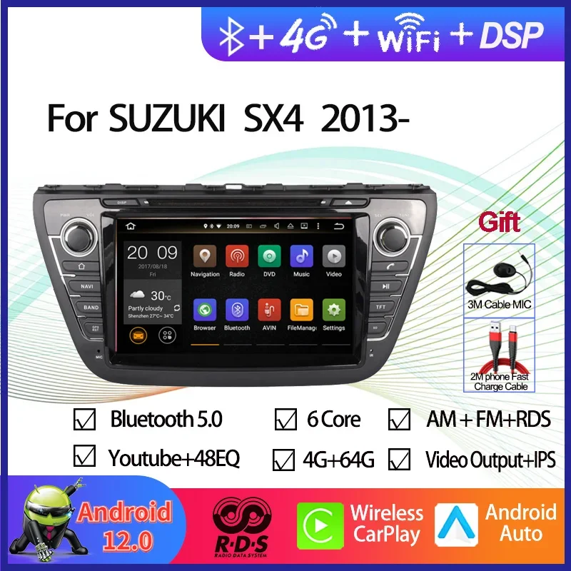 Android 12 Автомобильный GPS-навигатор Мультимедийный DVD-плеер для Suzuki SX4/Scross 2013 г. Авторадио Стерео с RDS BT Wi-Fi Aux