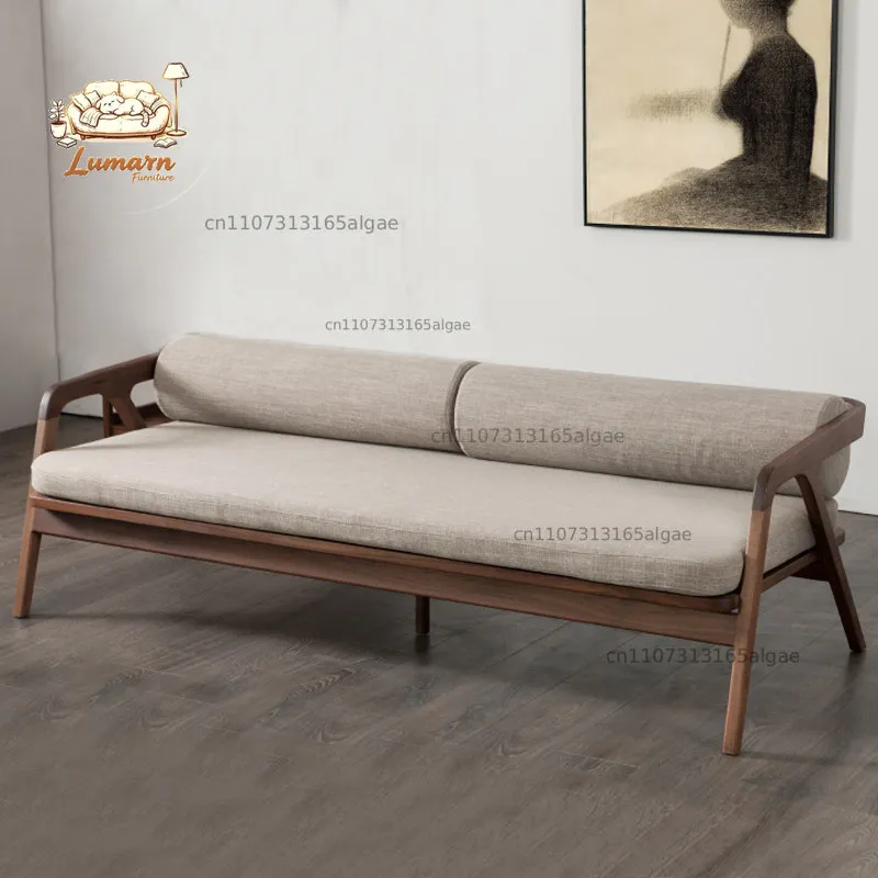 Walnut sofa simple solid wood three-person sofa Luohan tea room soft bag light luxury solid wood