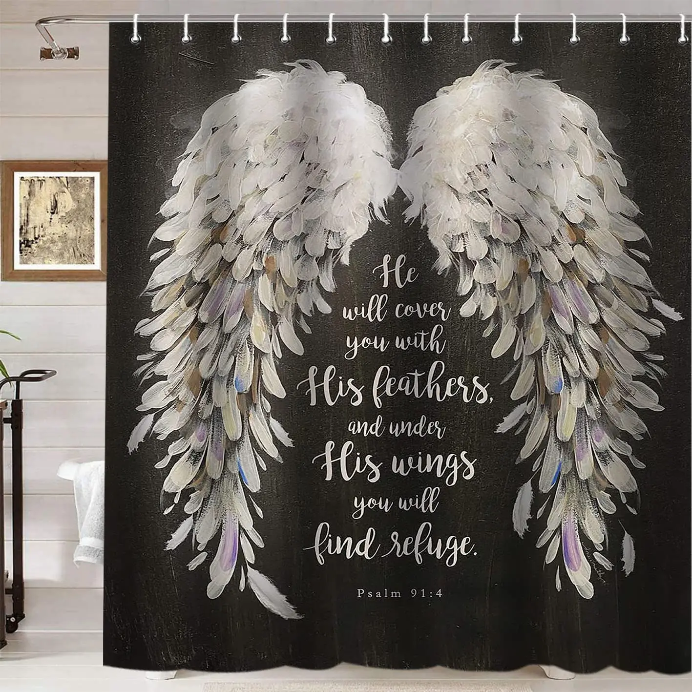 Dreamy Angel's Wings White & Blue Print Beach Shower Curtain Waterproof Polyester Fabric Shower Curtain Set Bathroom Decor Hooks