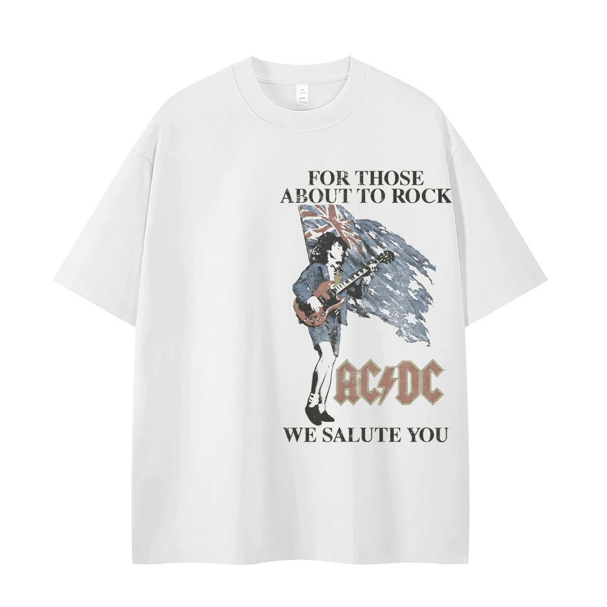 

AC/DC Band Ретро-портретный принт Американский уличный нишевый дизайн Vtg Футболка с короткими рукавами и открытыми плечами в стиле рок