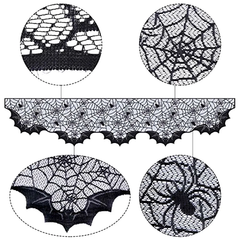 

Black Lace Fireplace Cloth Scarf Bat Design Halloween Decor Mantle Doorway Table Display Year Round Use Durabile