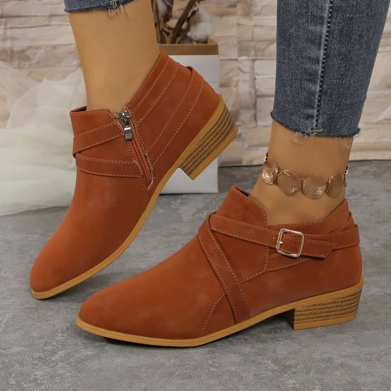 

Big Size Women's Pointed Toe Ankle Boots Chunky Heel Buckle Detail Side Zipper Retro European American Style Autumn Winter Shoes