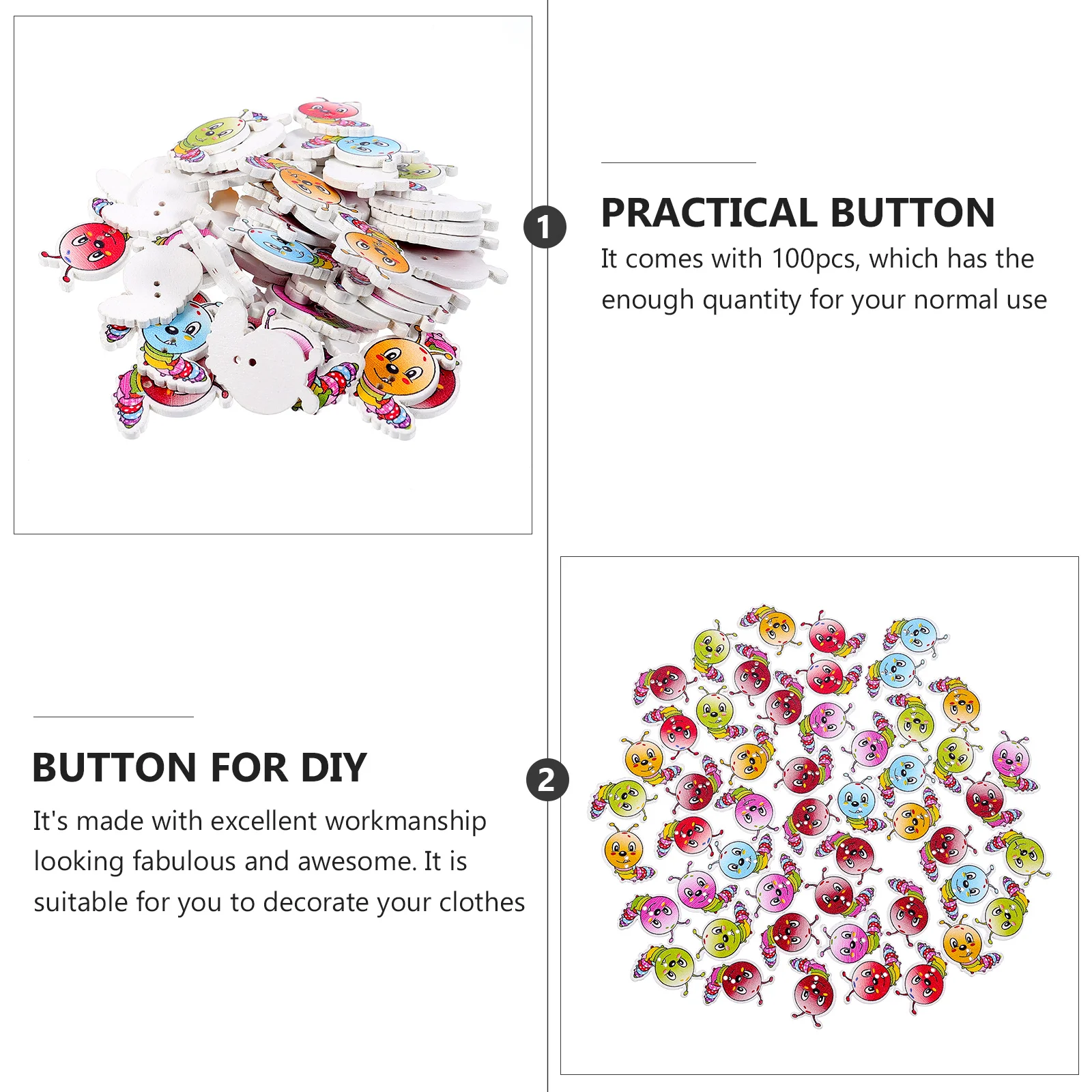 

100Pcs Wooden Buttons Caterpillar Shape Color Painted Durable DIY Clothes Decoration Multi-Functional Clothes DIY Button