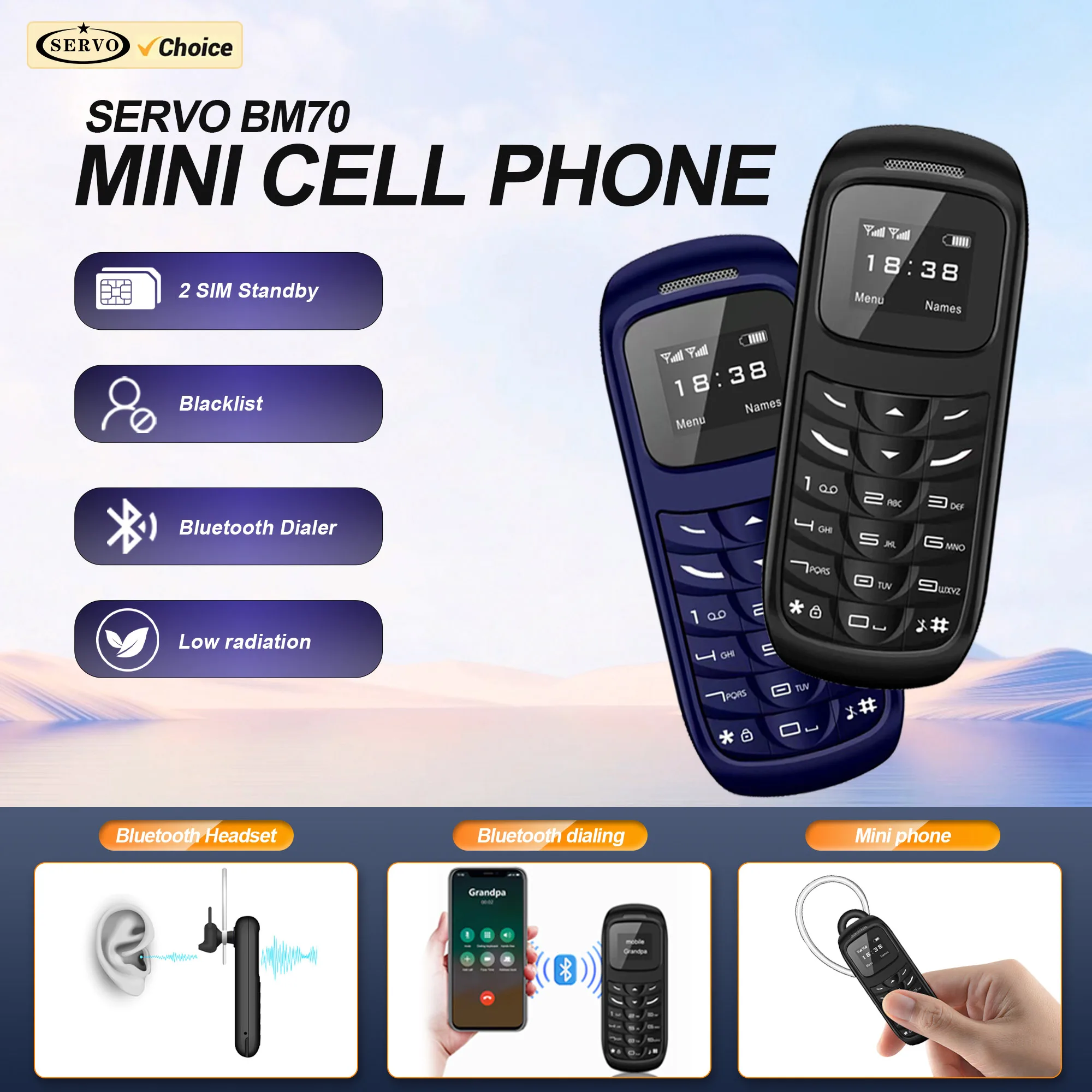 SERVO BM70 Mini teléfono móvil 2SIM en espera Bluetooth marcador grabación de llamadas voz mágica reproductor de MP3 lista negra pequeño teléfono móvil barato