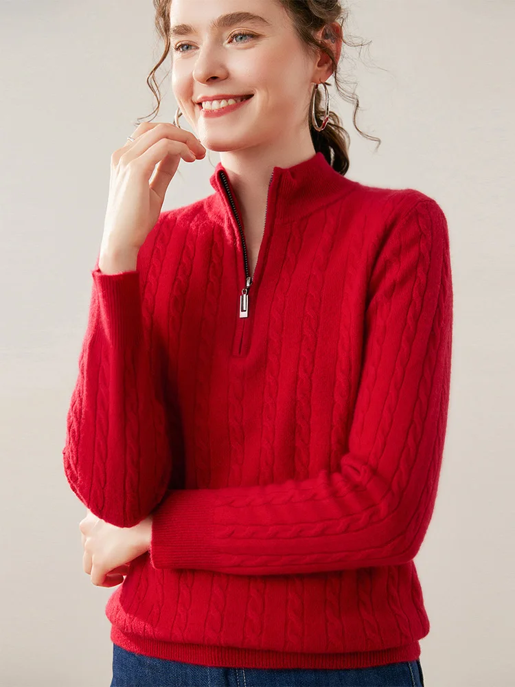 Twist Flower Women's Pullovers 100% Cashmere Knitted Mock Neck Sweater Zipper Chic Long Sleeve Basic Soft Warm Autumn Winter Top