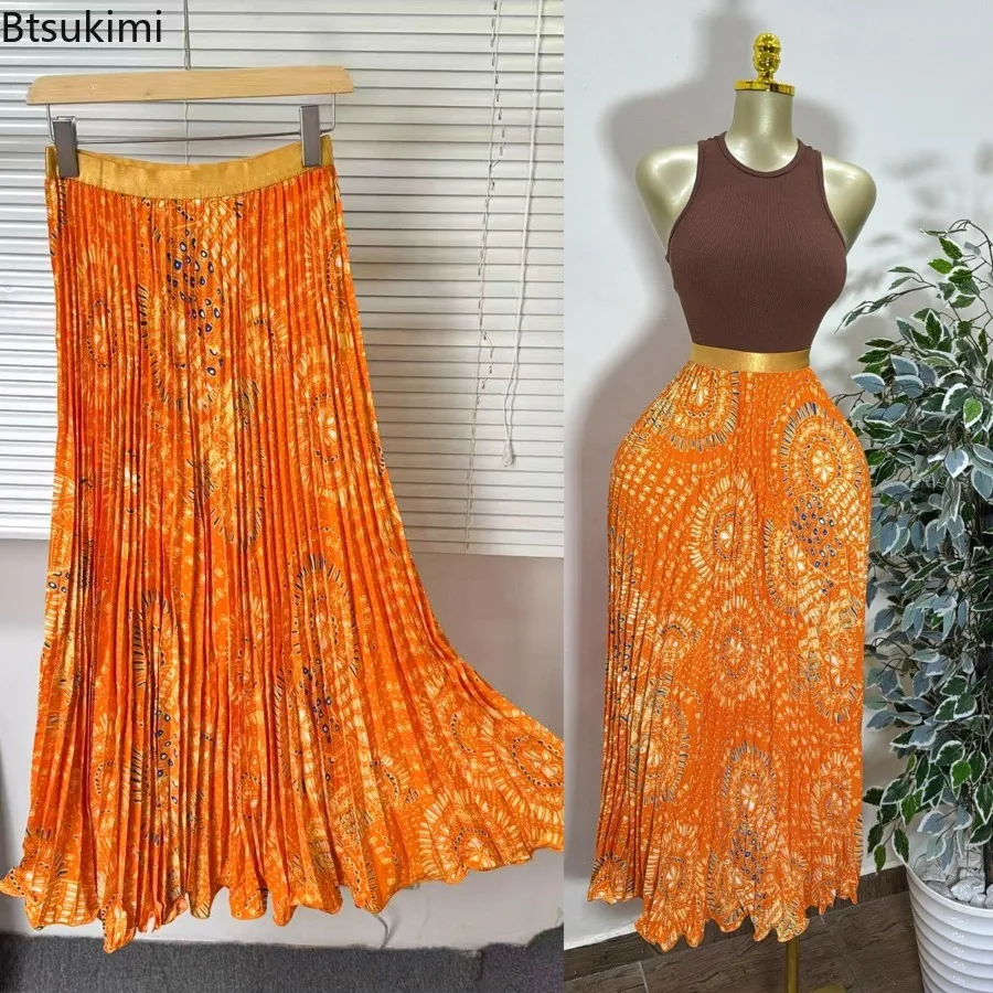 New Women High Waist Printed A Line Midi Skirt Vintage Pleated Flared Skirt Summer Casual Vacation All Match Ladies Long Skirt