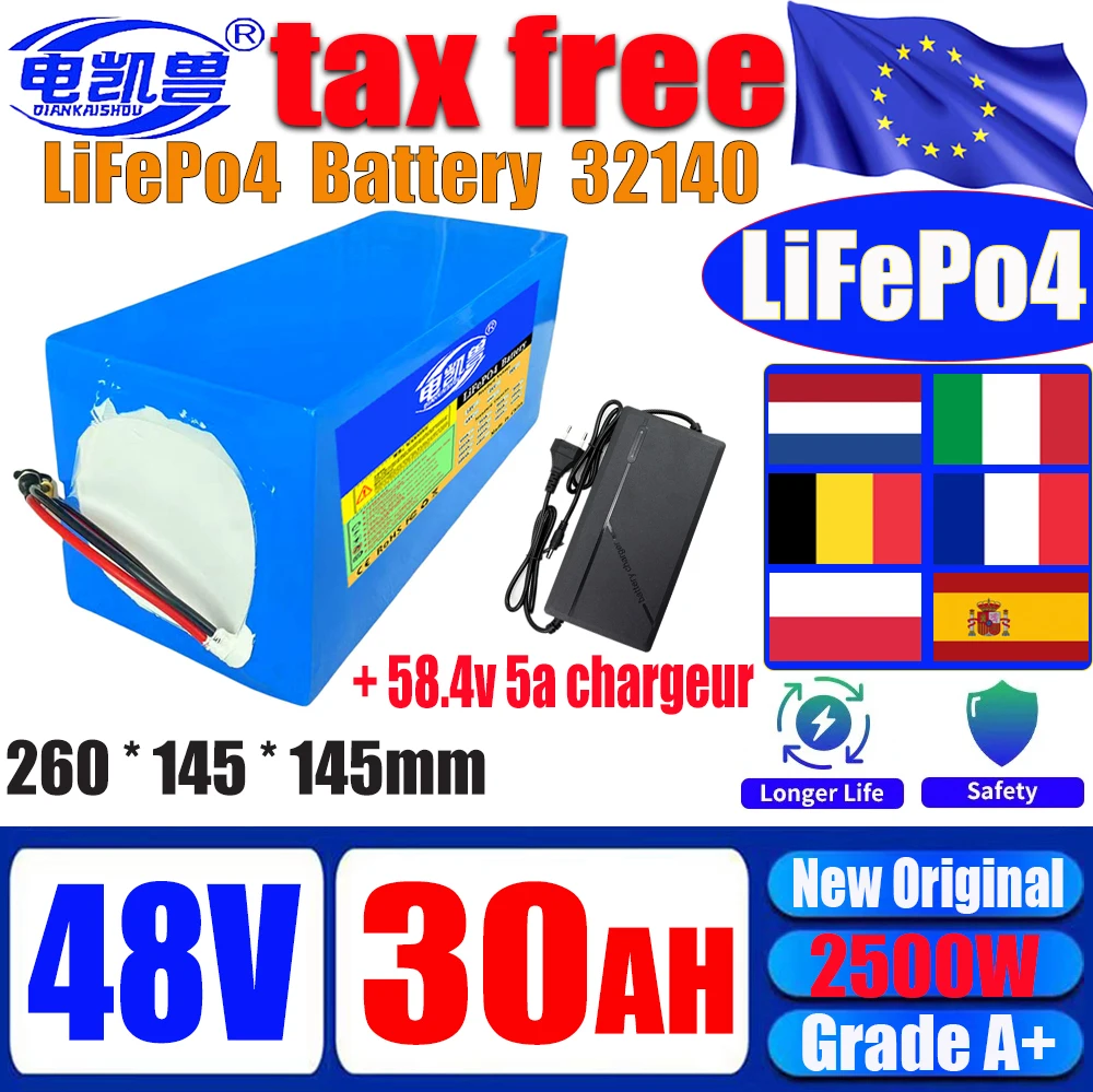 New 48V 30ah LiFePo4 Battery Pack 16S2P 32140 Built in BMS 0-2500W Motor High Power Lithium Iron Phosphate Rechargeable Battery