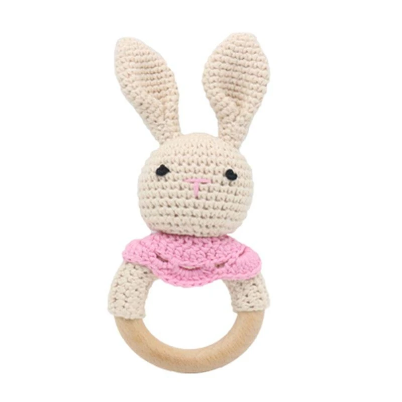 Baby Teether Wooden Ring Handmade BPA Chewing Teething Cotton Thread Crochet Animal Rattle Knitted Hand 15UB