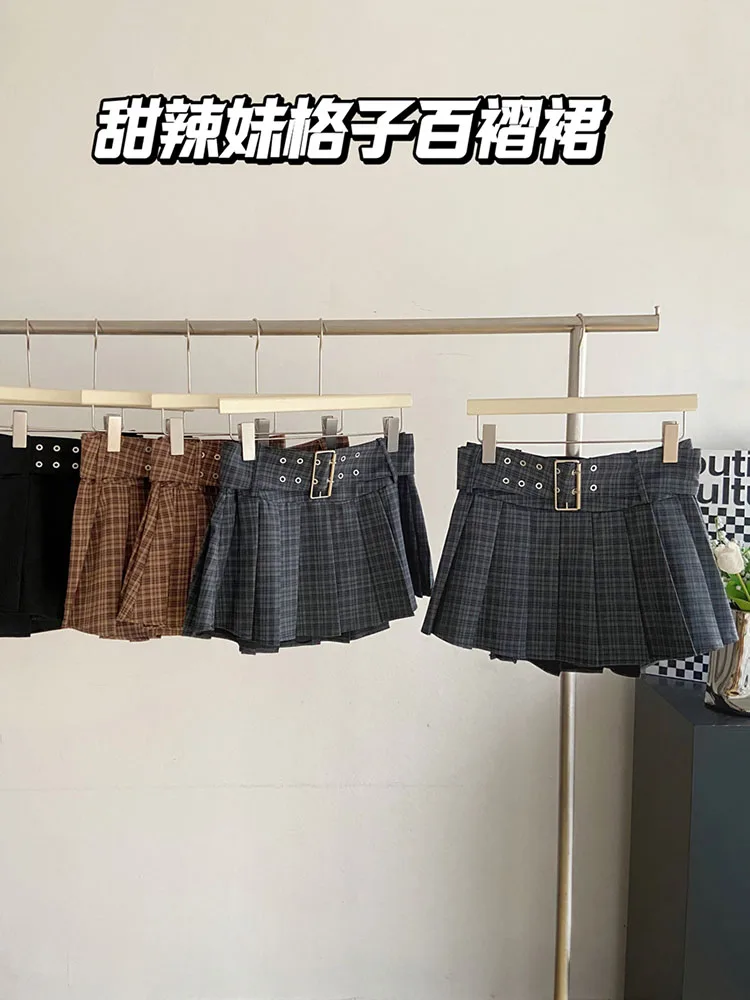 

Preppy Style Plaid Skirt High Waist A-Line Skirt Students Clothes Pleated Skirt Adjustable With Belt School American Streetwear