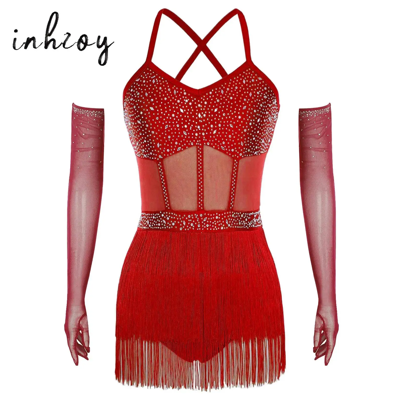 

Women Latin Dance Leotard Dress Rhinestones Tassels Leotard Bodysuit Set for Tango Samba Cha-Cha Salsa Performance Competition