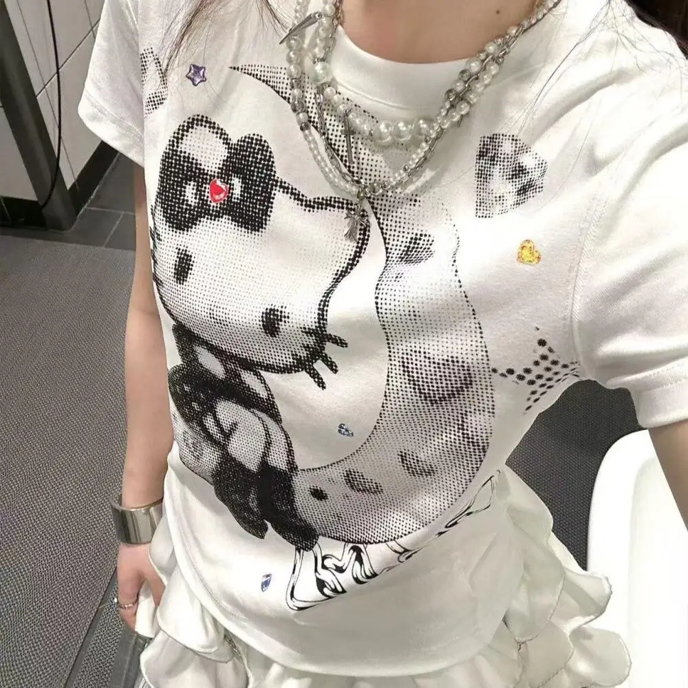 

Anime American Retro Short Sleeves Cartoon Hello Kitty Sanrio Summer Hotties Cotton Women T-Shirt Student Trend Fashion Tops