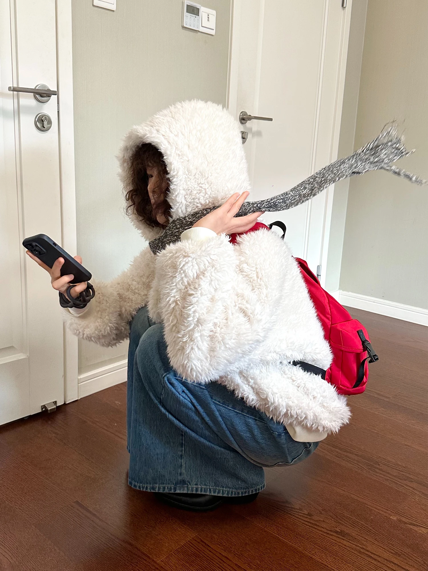 

Girlsfood White Lamb Fur Jaet Женская зимняя хлопковая сэндвич-теплая капюшон Мягкое хлопковое пальто Пушистая верхняя одежда Оригинальный дизайн...