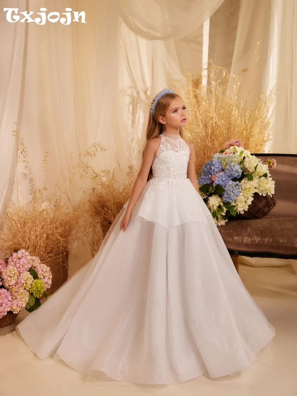 Sparkly Luxurious Beaded Halter A-line Long Girls Evening Dresses Banquet Party Wear Elegant Charming Kids Princess Gown On Sale
