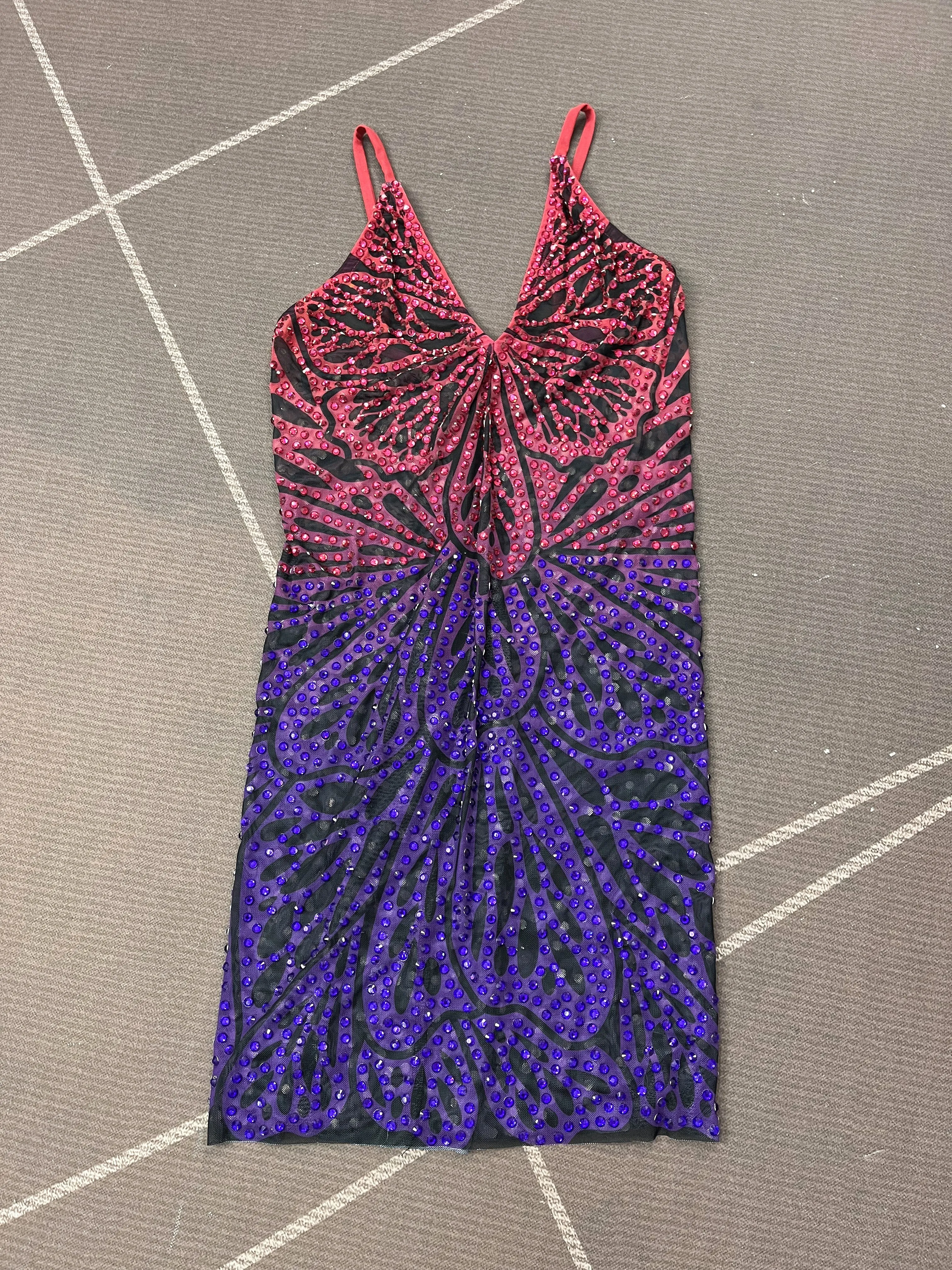 Sexy Blingbling Butterfly Parttern Rhinestones Suspenders Mesh Dress Women Holiday Birthday Party Celebrate Show Stage Outfit