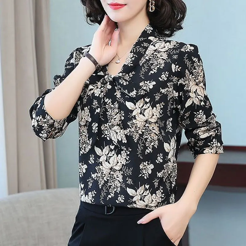 Fashion Vintage Plant Printed Shirt Women\'s Clothing Loose Long Sleeve Commute Spring Autumn Elegant V-Neck Bandage Bow Blouse