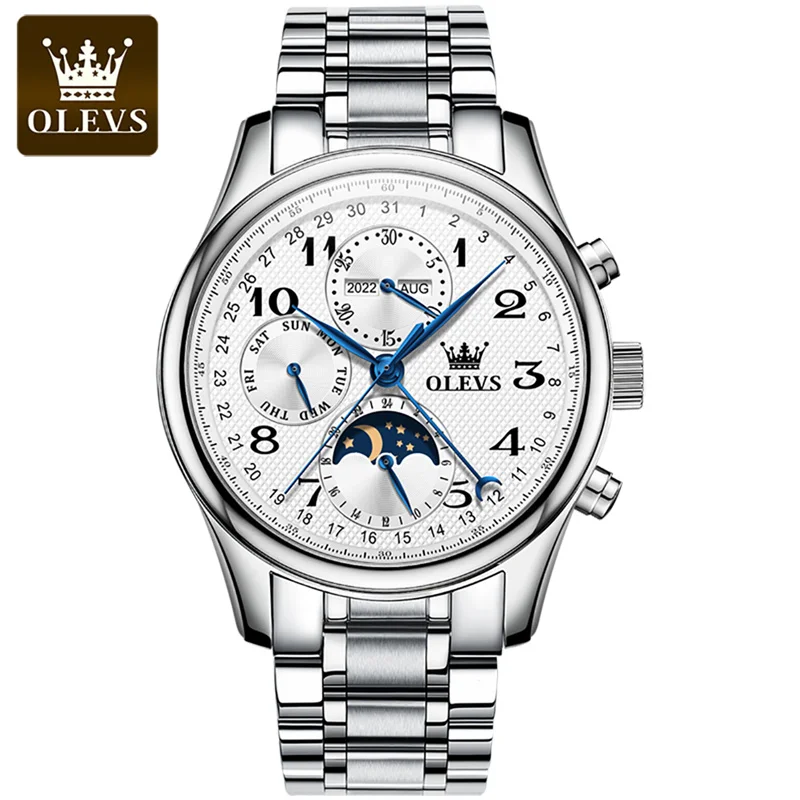 OLEVS Top Brand Sports Men Mechanical Wristwatch Moon Phase Waterproof Automatic Watch New Stainless Steel Watches Men 6667