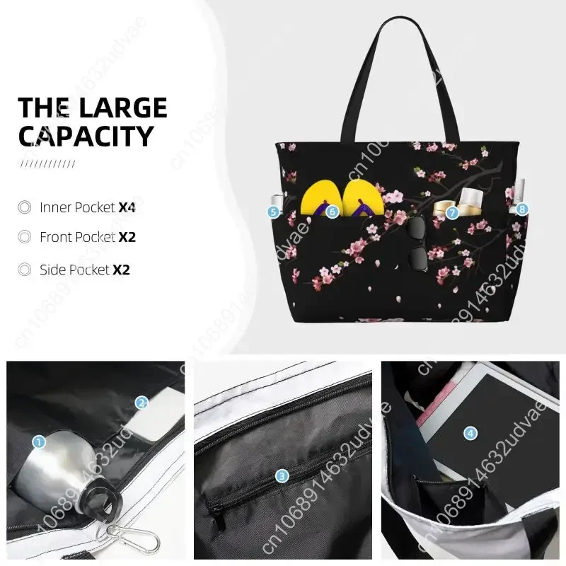 Japanese Sakura Cherry Blossoms Large Beach Tote Bag for Women Waterproof Sandproof Zipper Beach Tote Bags for Pool Gym Travel