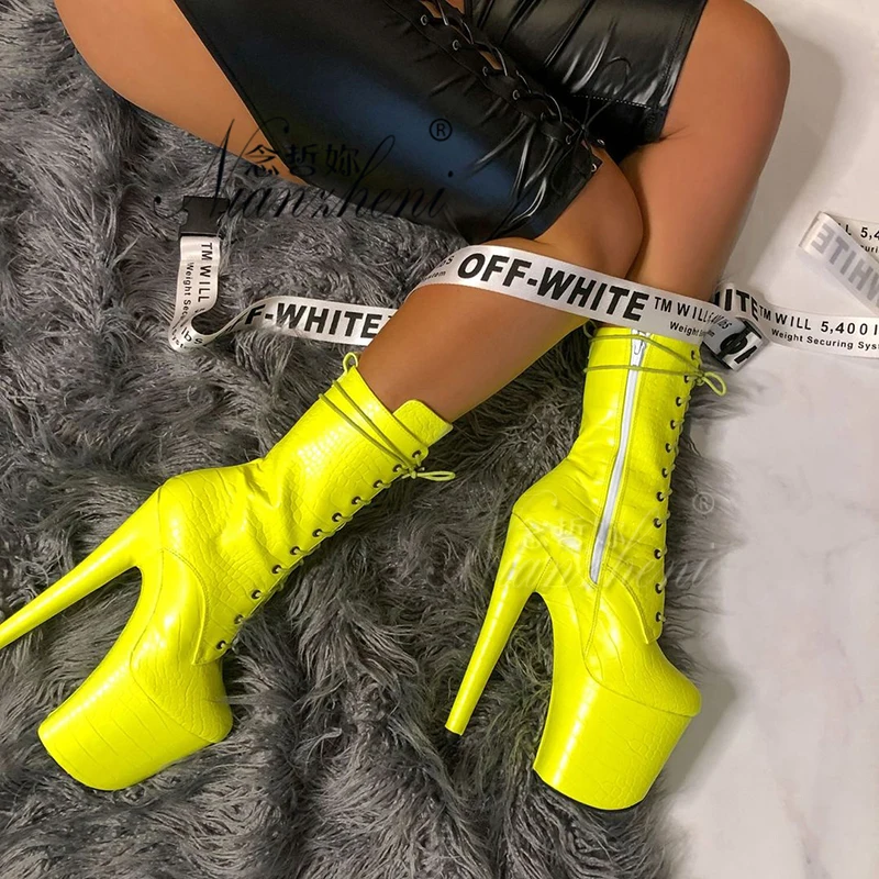 Exotic Yellow 8inches High Heels Platform Sexy Fetish Lace Up Stripper Nightclub Motorcycle pole dancing Shoes 20cm Ankle Boots