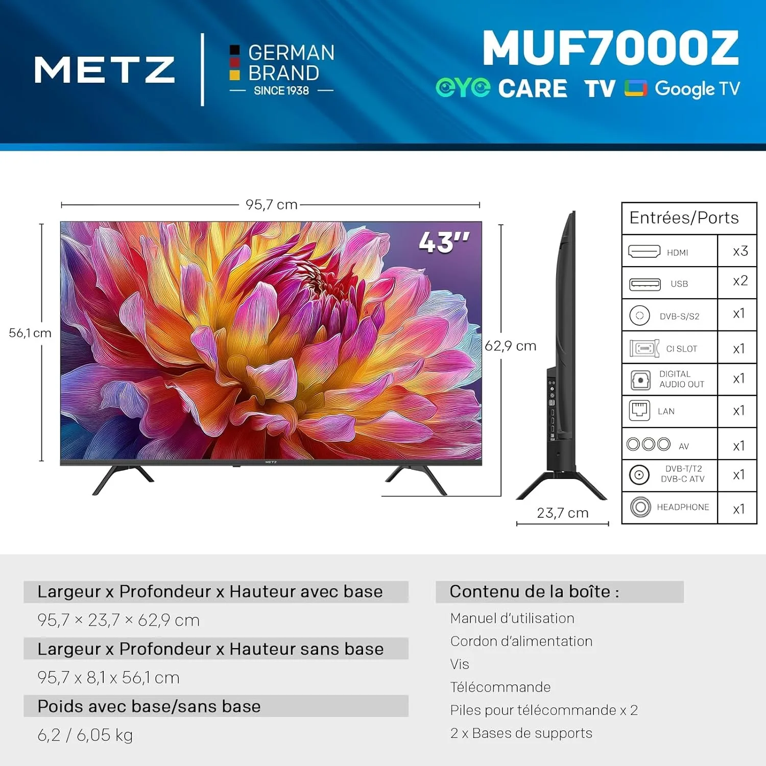 Metz TV 43/55 pulgadas 4K UHD Smart LED TV Google TV HDR 10 MEMC Dolby Audio Google Cast sintonizador de Control de voz 43MUF7000Z 55MUF7000Z