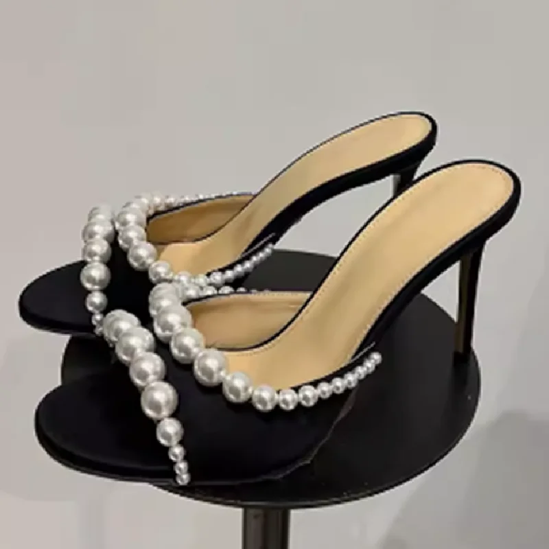 Brand Satin White Pearl Shoes for Women High Heels Summer Open Toe Stilettos Black String Beading Pumps Ladies Wedding Mules