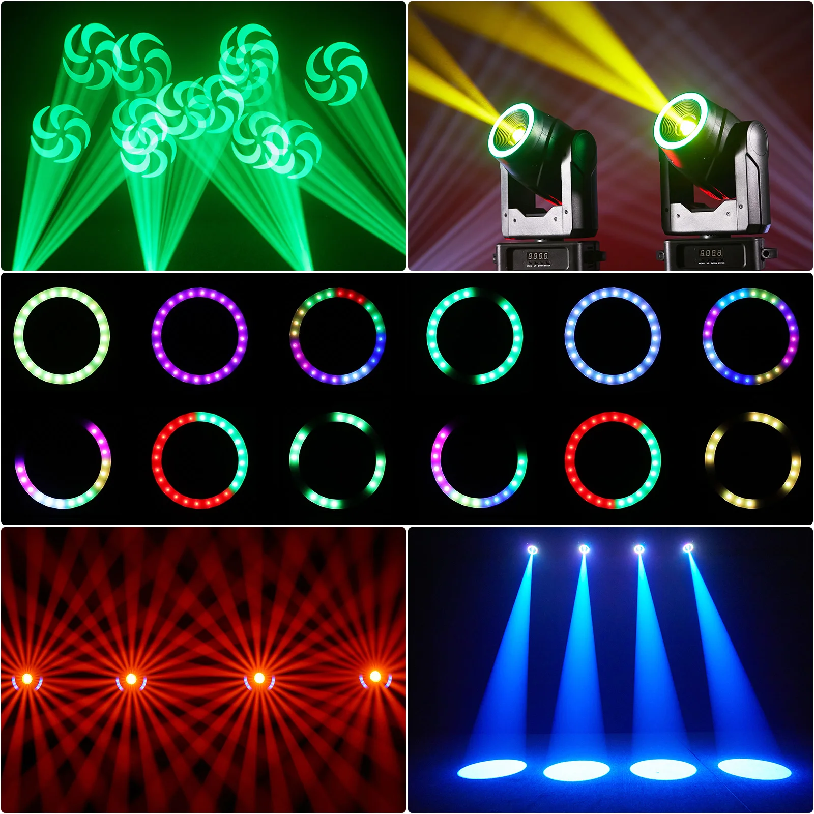 U'King Mini 150W luz de Dj con cabezal móvil con tira de Halo 7GOBO 7 colores 3 prismas RGBW luz LED de escenario DMX512 para DJ Disco fiesta de boda