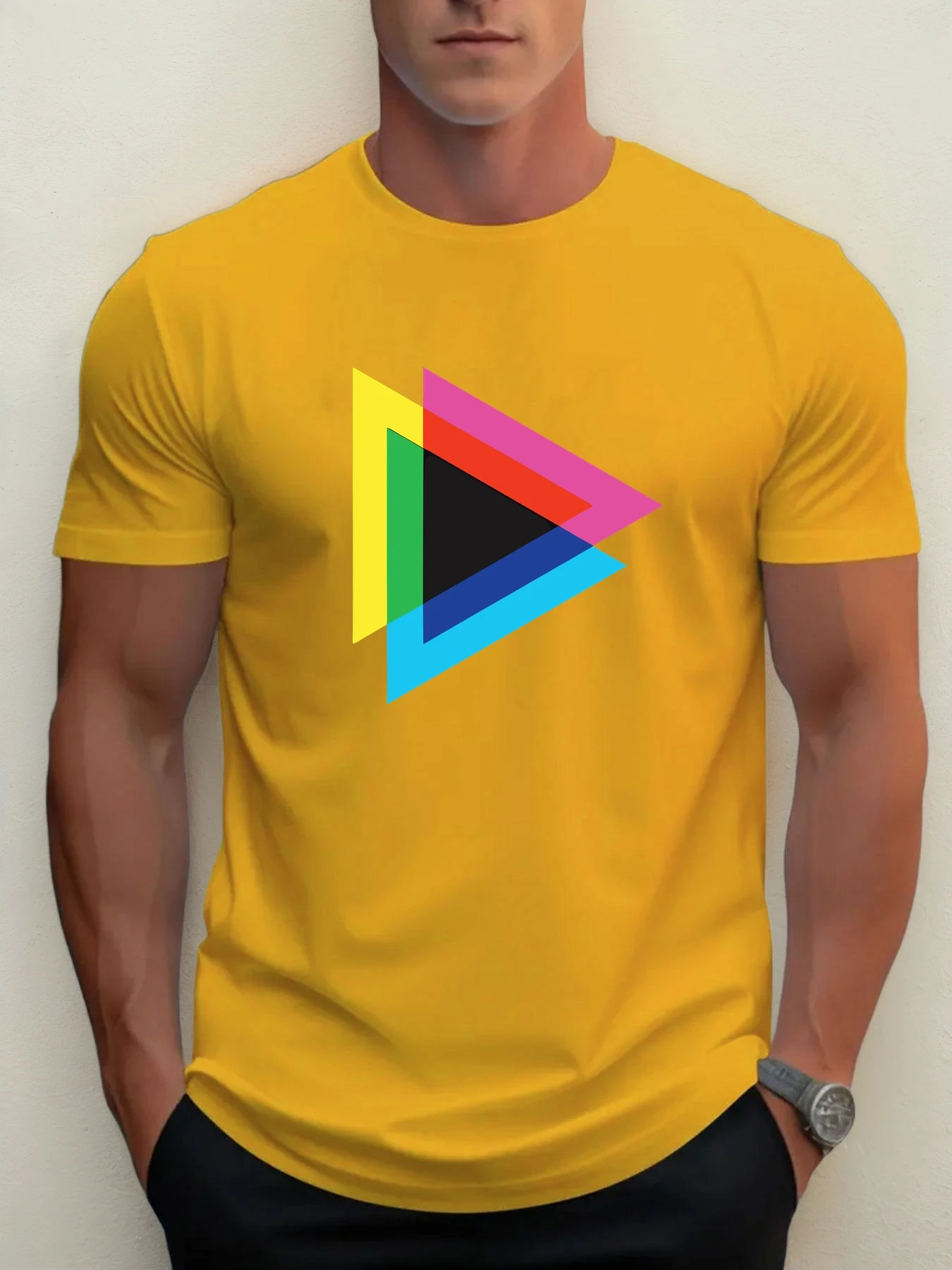 2025 Summer Men's Cotton T Shirt Color Triangle Trendy Print Round Neck T-Shirt Casual Breathable Street Style Daily Top