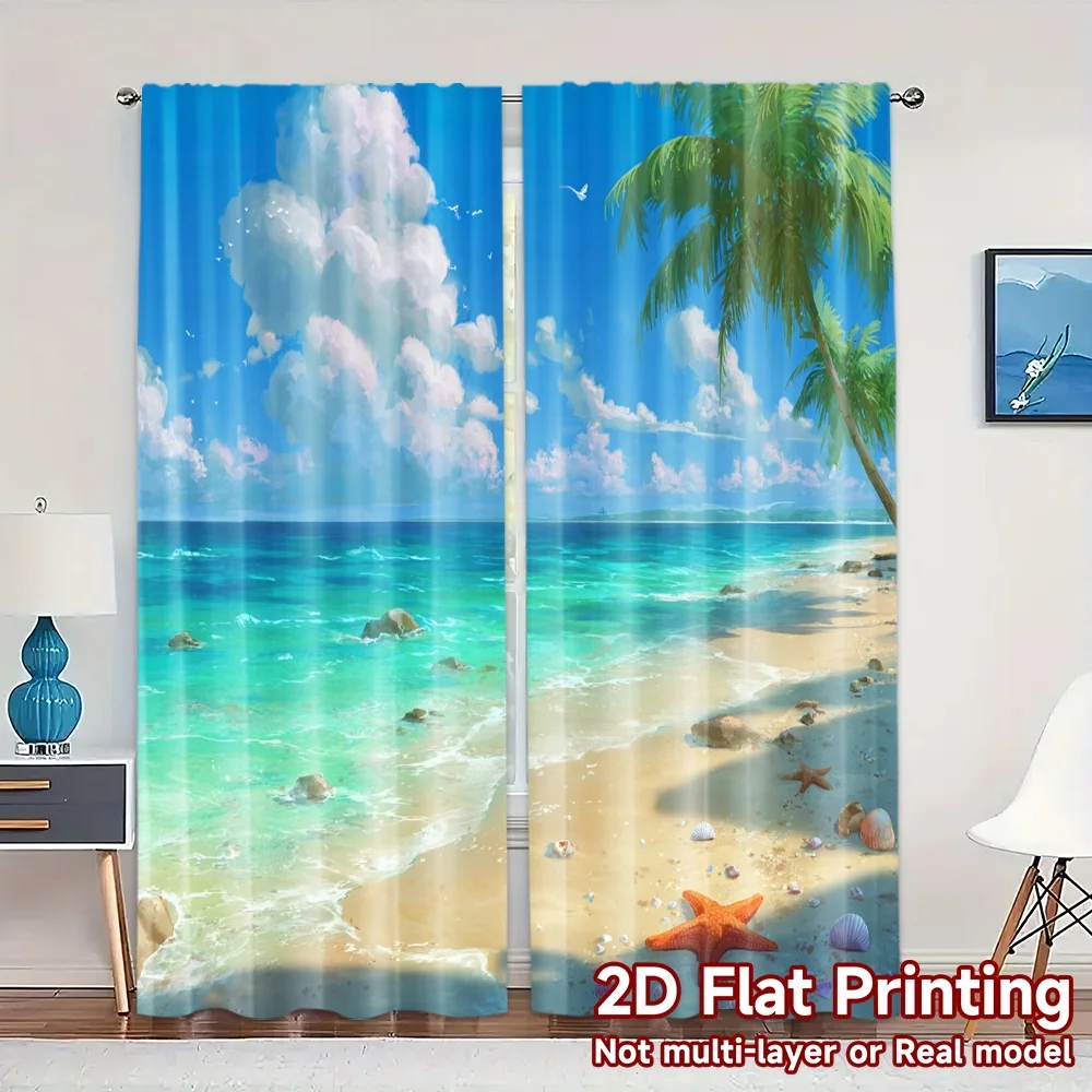 2pcs, 2D FLAT PRINTING Curtains (Without Rod) Tropical Shore Contemporary Popular Curtains Fabric Curtains Outdoor Decorations