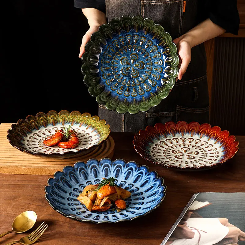 

Japanese kiln ceramic dinner plate, lace peacock plate, shallow fruit plate, Western steak plate корейская посуда