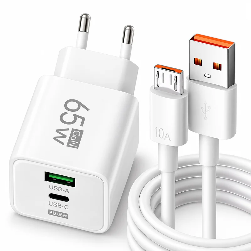 65W GaN Multi Port Charger EU Plug Dual USB C + USB A Port Fast Wall Charger High Speed Charging for Home Office Trip Use