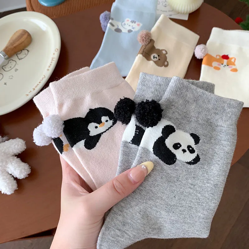 

Funny Egg Socks 2025 Autumn New 3D Hairball Socks Children's Cute Cartoon Animal Cat Panda Middle Sock Fun Long Women Sock