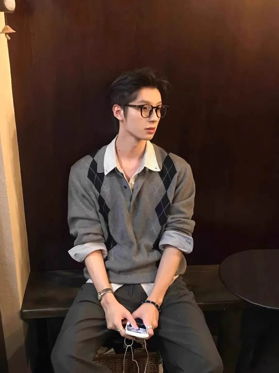 

ay Diamond Pattern Knitted irt Men's Autumn College Sle Inner Wear Base Top Coat Vintage Flannel Long Sve irt