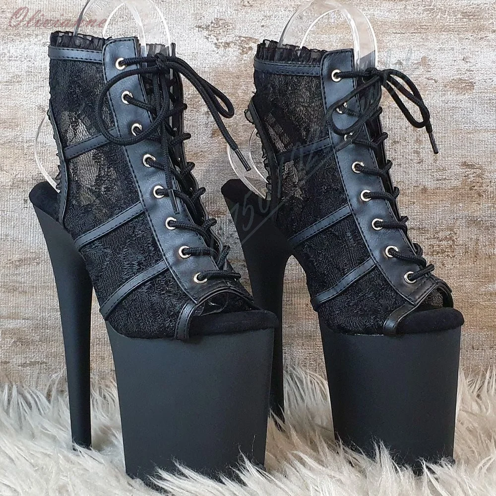 

Black Sexy Hot Lace Hollow Sandals Front Lace-up Open Toe 20cm Pole Dance High Heels Women Shoes Cut Heel 2026 Fashion Mujere