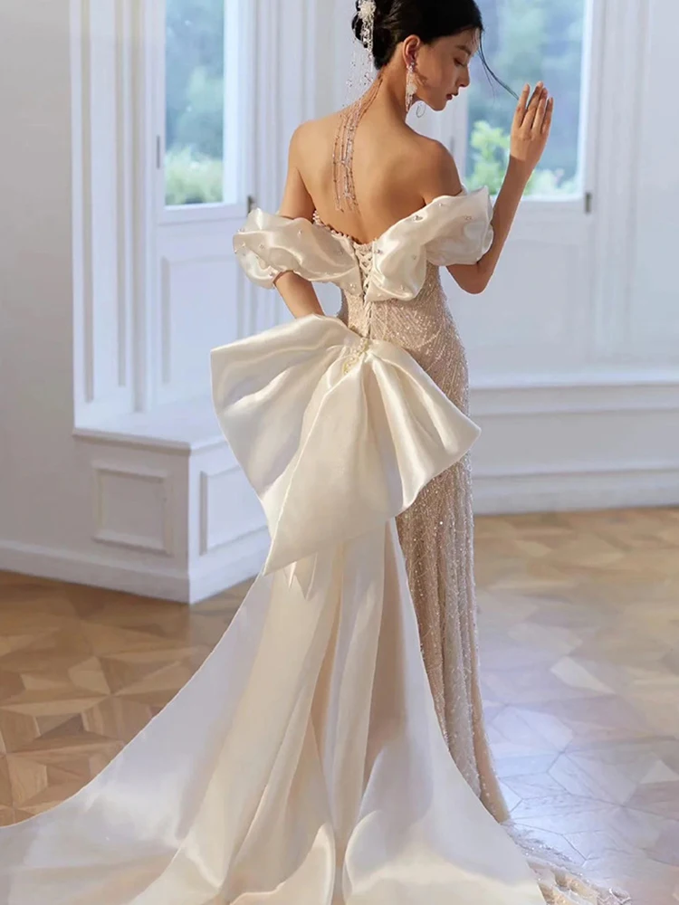 Customized White Shiny Women Evening Dresses High End Pearls Sequins With Bow Prom Birthday Party Gowns Formal robes de soirée