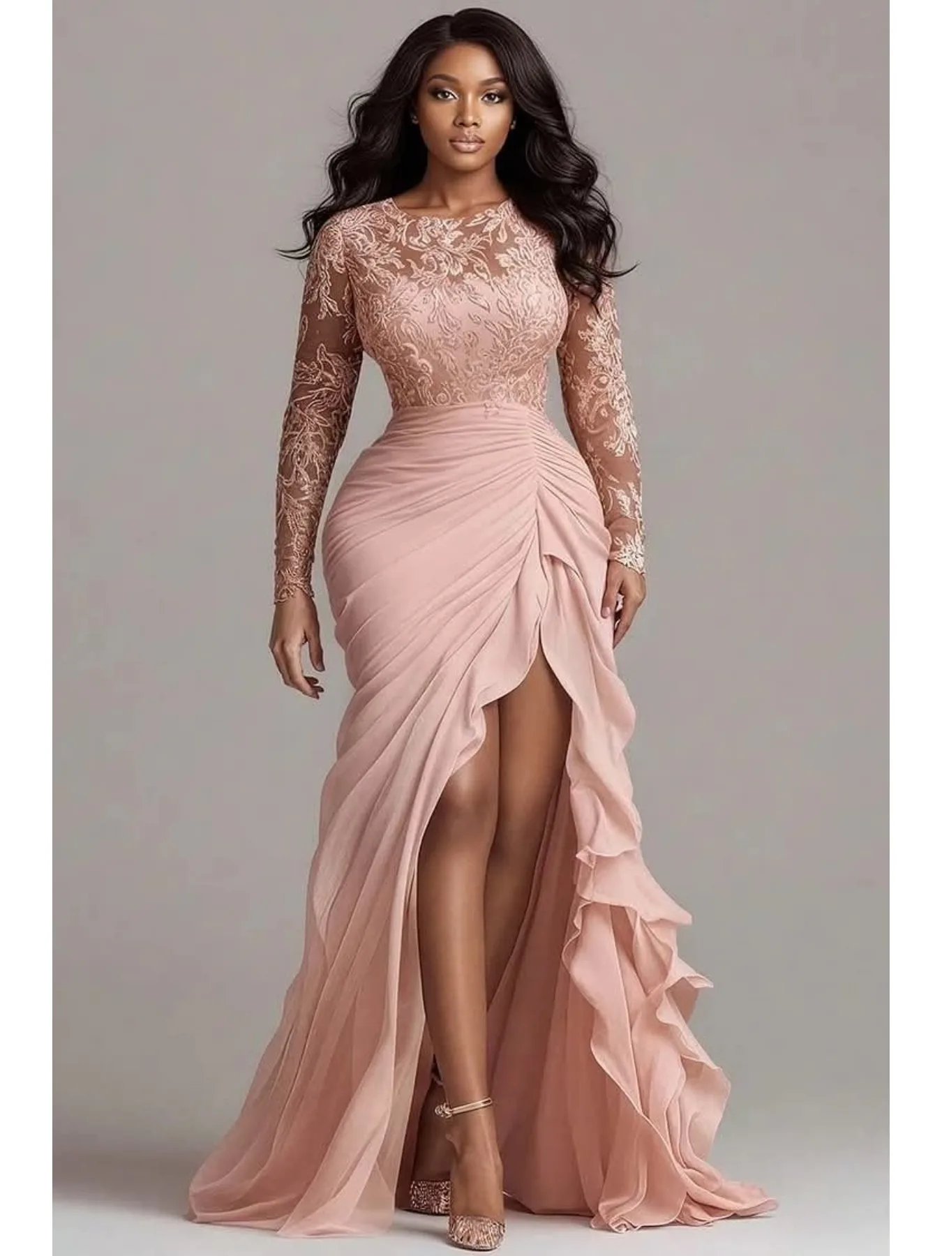 Womens Sheer Lace Long Sleeve Formal Plus Size Dress Ruched Chiffon High Slit Ruffle Maxi Evening Wedding Guest Cocktail Dress